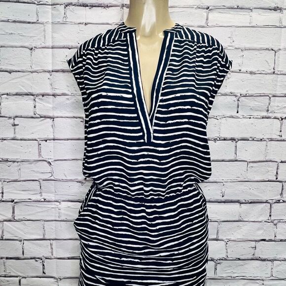 Banana Republic Womens Blue & Cream Striped Cap Sleeve Split Neck Blouson Dress - Picture 2 of 10